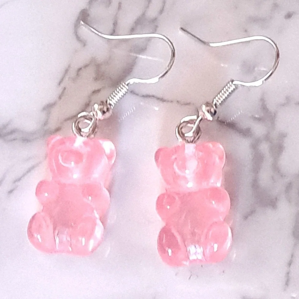 NEW Gummy Bear Earrings Pink Translucent Resin Drop Kidcore Y2K Boutique